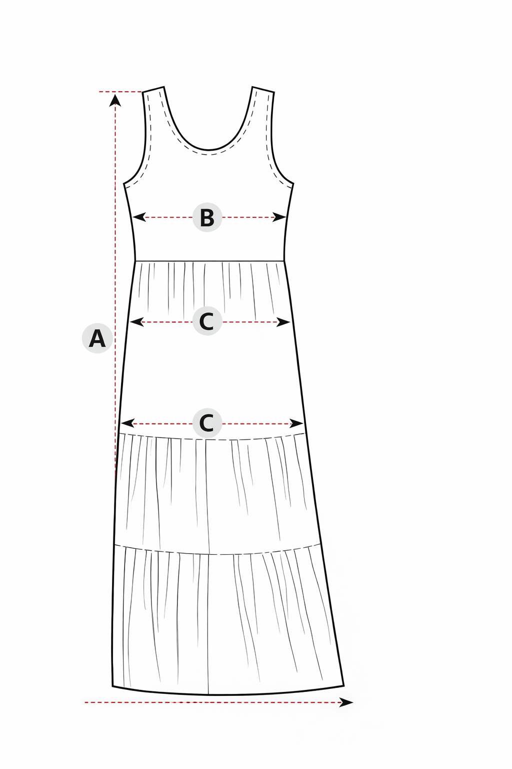 Vestido longo com recortes tabela de medidas